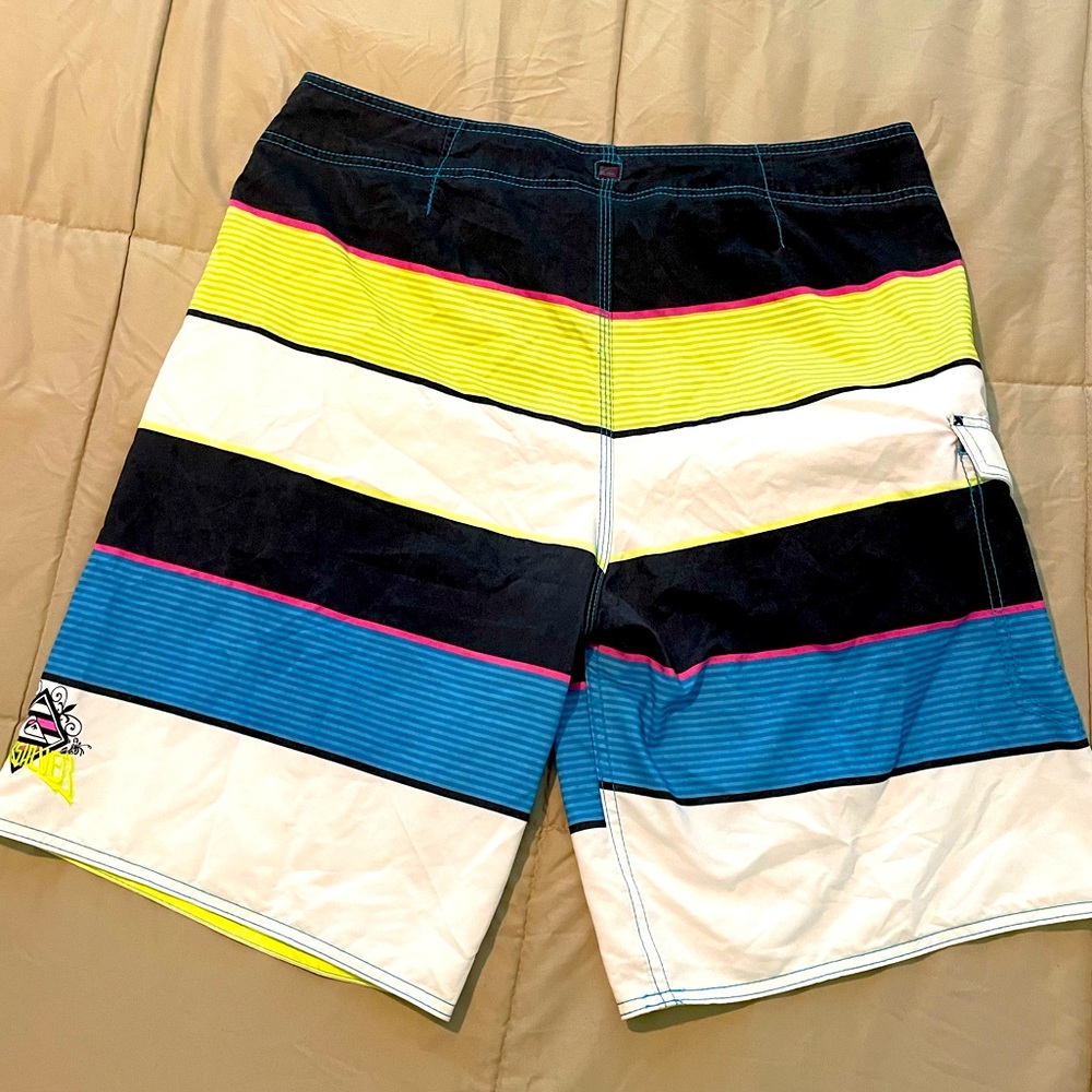Quicksilver board shorts size 38, white, black, and neon: yellow, pink and blue. - Picture 2 of 6